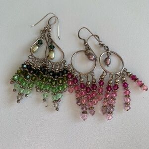 2 pairs of sterling Green and Pink Beaded Dangling Earrings